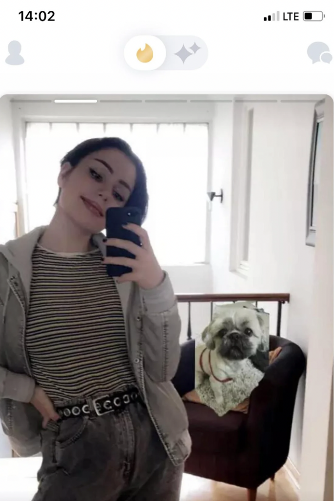 A young woman takes a mirror selfie with her phone, smiling while wearing a striped shirt, gray zip-up hoodie, and jeans. She stands in a well-lit room with white walls. In the background, a small, fluffy dog sits on a dark chair, looking at the camera.