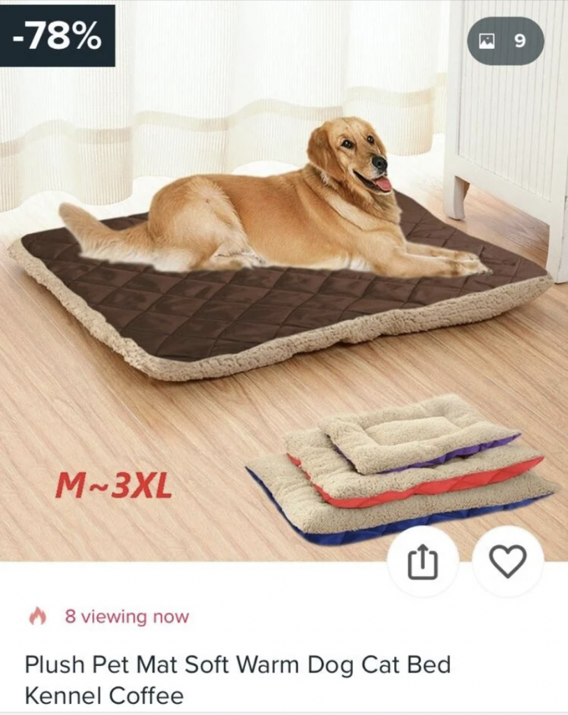 A golden retriever lies on a large, plush pet mat in coffee color. The pet mat is displayed next to smaller mats in red and blue. The image includes a discount of 78%, and a note indicates that eight people are currently viewing the item.