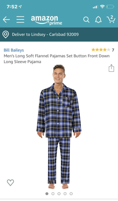 Screenshot of an Amazon product listing for a men's long soft flannel pajamas set in a blue and yellow plaid pattern. The pajamas feature a button front and long sleeves. The brand name "Bill Baileys" is shown, along with a 4-star rating from 7 reviews.