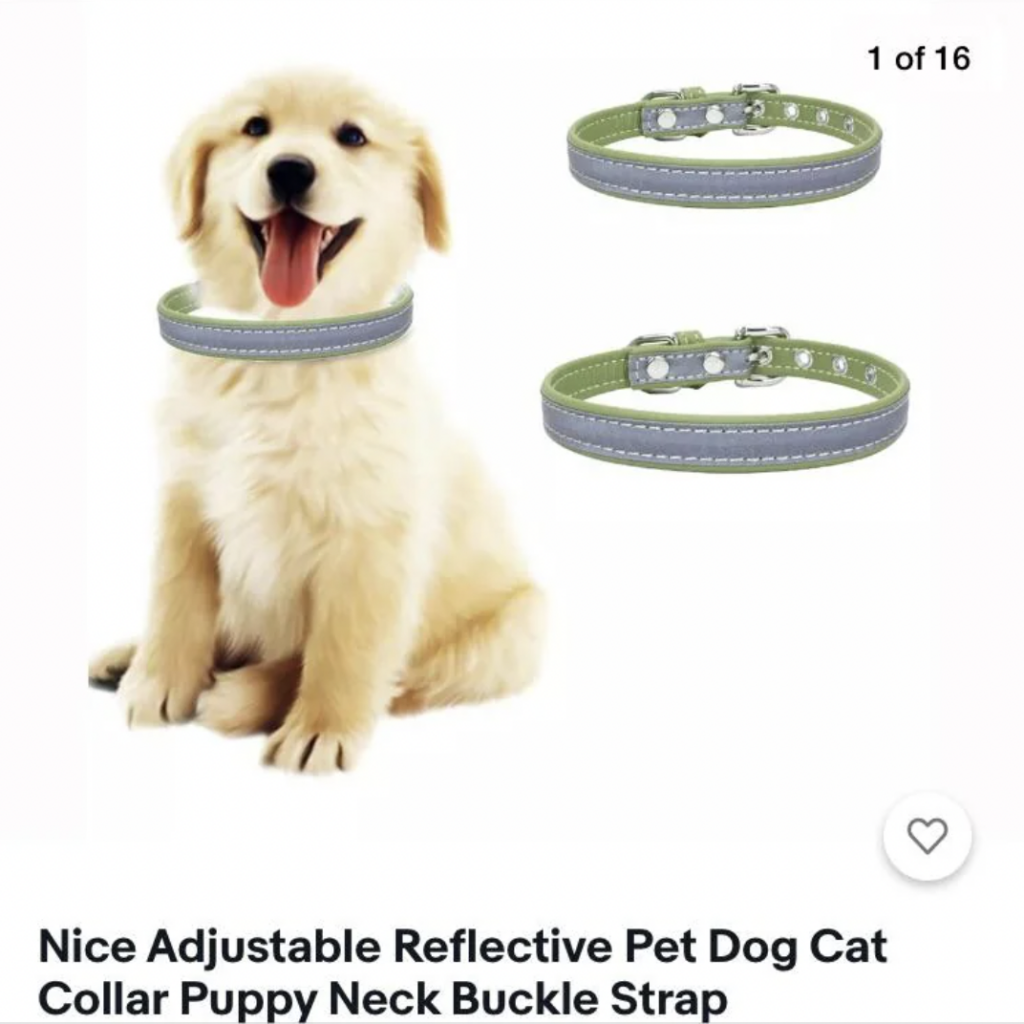 A happy golden retriever puppy sits next to two green adjustable reflective pet collars with buckles. The image is part of a set labeled "1 of 16" and has the product description: "Nice Adjustable Reflective Pet Dog Cat Collar Puppy Neck Buckle Strap.