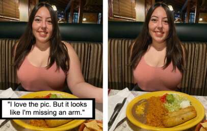 A young woman with long brown hair is sitting at a restaurant table, smiling at the camera. She is wearing a sleeveless pink top. The plate of food in front of her has rice, refried beans, a taquito, and guacamole. The image has a humorous overlay text that reads, "I love the pic. But it looks like I'm missing an arm," highlighting the angle that makes one of her arms appear absent.