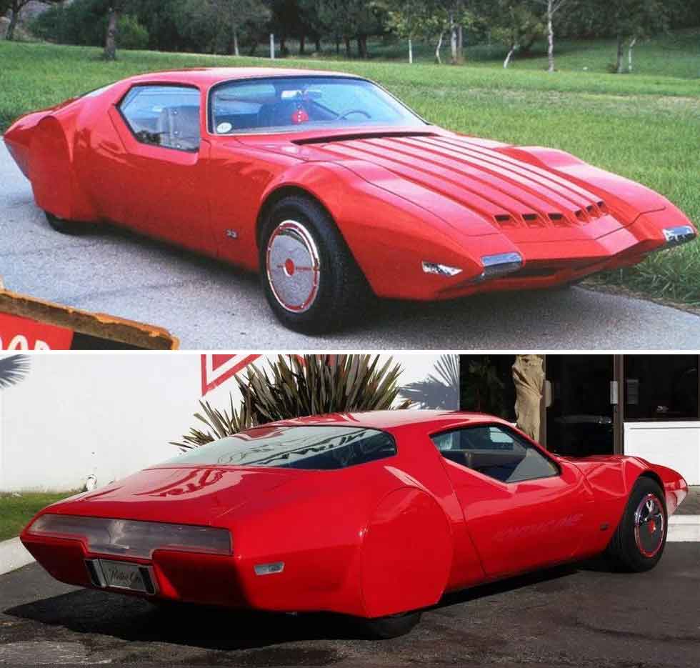 Two photos of a red sports car. The top image shows the car from the front angle, highlighting its sleek, aerodynamic design and distinctive headlights. The bottom image displays the rear view, showcasing its bold rear fenders and unique taillight setup.