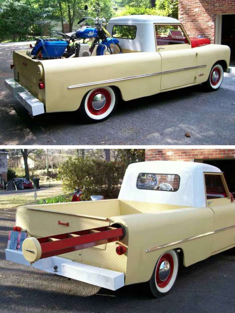 Two photos of a retro-style, cream-colored pickup truck with red accents. The upper image shows the bed loaded with a blue go-kart. The bottom image features a unique extension mechanism that slides out from the truck bed, increasing its length.