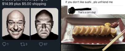 A collage of three images. The left image is a tweet comparing pricing strategies with two black-and-white headshots of two men, one smiling and one serious. The top right image is a Facebook post advising to unfriend if you dislike sushi, with a reply pointing out it's a corn dog. The bottom right image shows a corn dog cut into pieces on a plate with chopsticks.