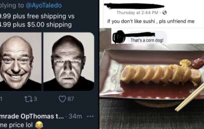 A collage of three images. The left image is a tweet comparing pricing strategies with two black-and-white headshots of two men, one smiling and one serious. The top right image is a Facebook post advising to unfriend if you dislike sushi, with a reply pointing out it's a corn dog. The bottom right image shows a corn dog cut into pieces on a plate with chopsticks.