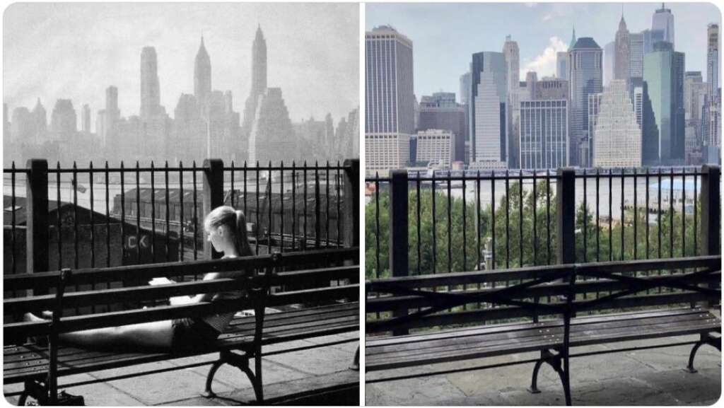 A side-by-side comparison shows a black-and-white photograph of a person sitting on a bench in front of the Manhattan skyline (left), and a modern color photograph of the same view with an empty bench (right).