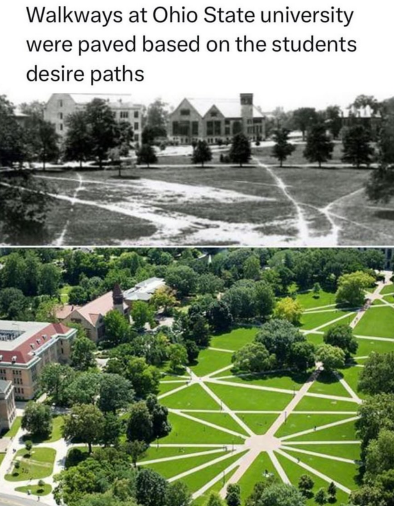 The top image shows undisturbed grassy areas with several dirt paths made by students cutting through the grass. The bottom image shows the same area with paved walkways in place of the dirt paths, following the same patterns as the original desire paths.