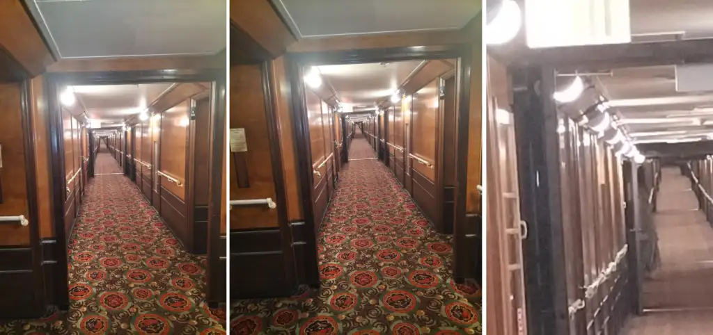 A narrow, dimly-lit hallway with wooden walls and a patterned red carpet. The corridor features multiple doors on both sides and is lined with white railings. The ceiling has circular lights running along its length. Three images show different angles of the same hallway.