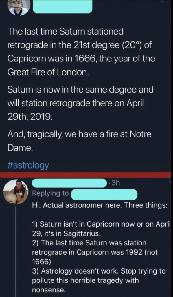 Screenshot of a Twitter conversation: First tweet says Saturn stationed retrograde in Capricorn in 1666, same as on April 29, 2019, linking it to the Notre Dame fire. Reply corrects that Saturn is in Sagittarius, last Capricorn retrograde was 1992, and dismisses astrology.