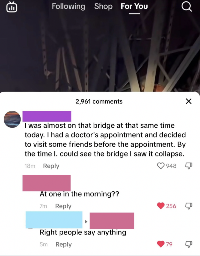 A screenshot of a social media post with a comment section. The original post mentions a bridge collapse. One commenter writes about witnessing the collapse after visiting friends before a doctor's appointment. Two replies express skepticism about the story.
