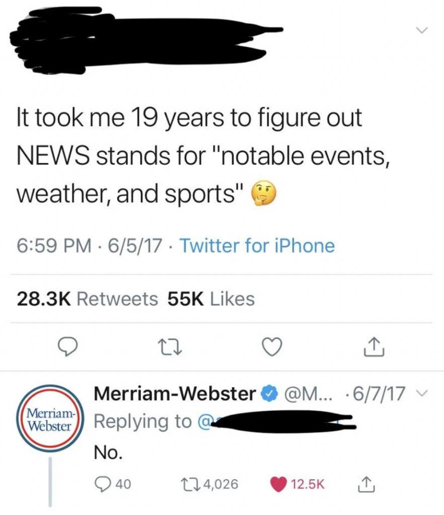A tweet reads, "It took me 19 years to figure out NEWS stands for 'notable events, weather, and sports'" from 6/5/17. Underneath, Merriam-Webster's Twitter account replies, "No," on 6/7/17. The original tweet has 28.3K retweets and 55K likes, Merriam-Webster's reply has 4,026 retweets and 12.5K likes.
