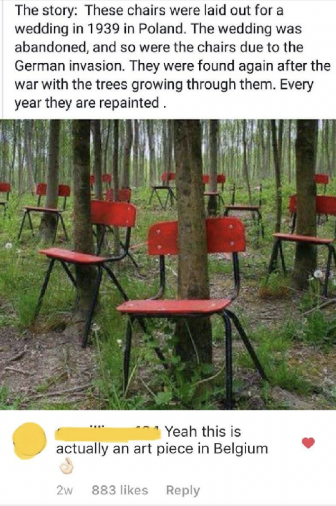 Red chairs are arranged in a forest with trees growing through their seats and backs. The chairs appear weathered, suggesting age and outdoor exposure. A caption above mentions a wedding in 1939 in Poland and refurbishment after the war. A comment points out it is an art piece in Belgium.