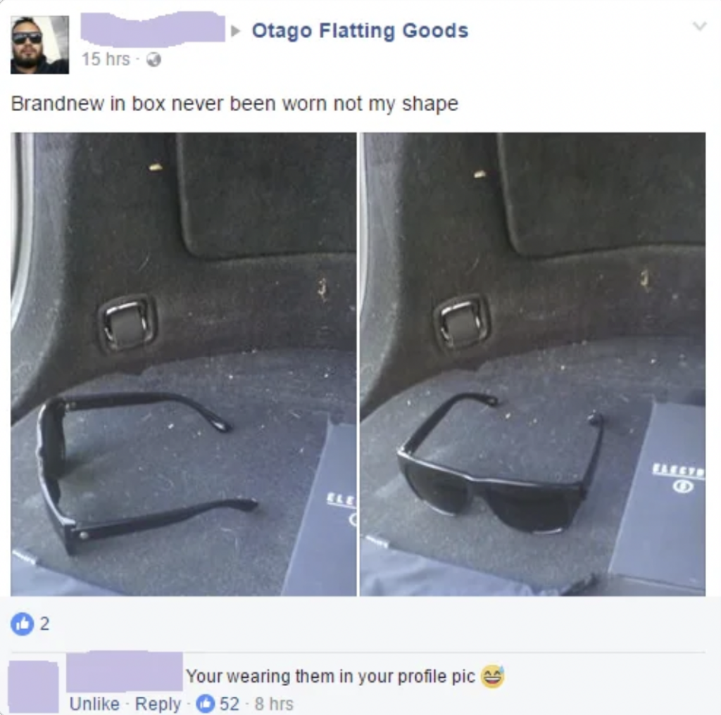 Two photos of black sunglasses in a car trunk. In the first photo, the sunglasses lie flat. In the second, they are shown from a different angle. Facebook post caption says "Brand new in box never been worn not my shape," followed by a comment pointing out a contradiction.