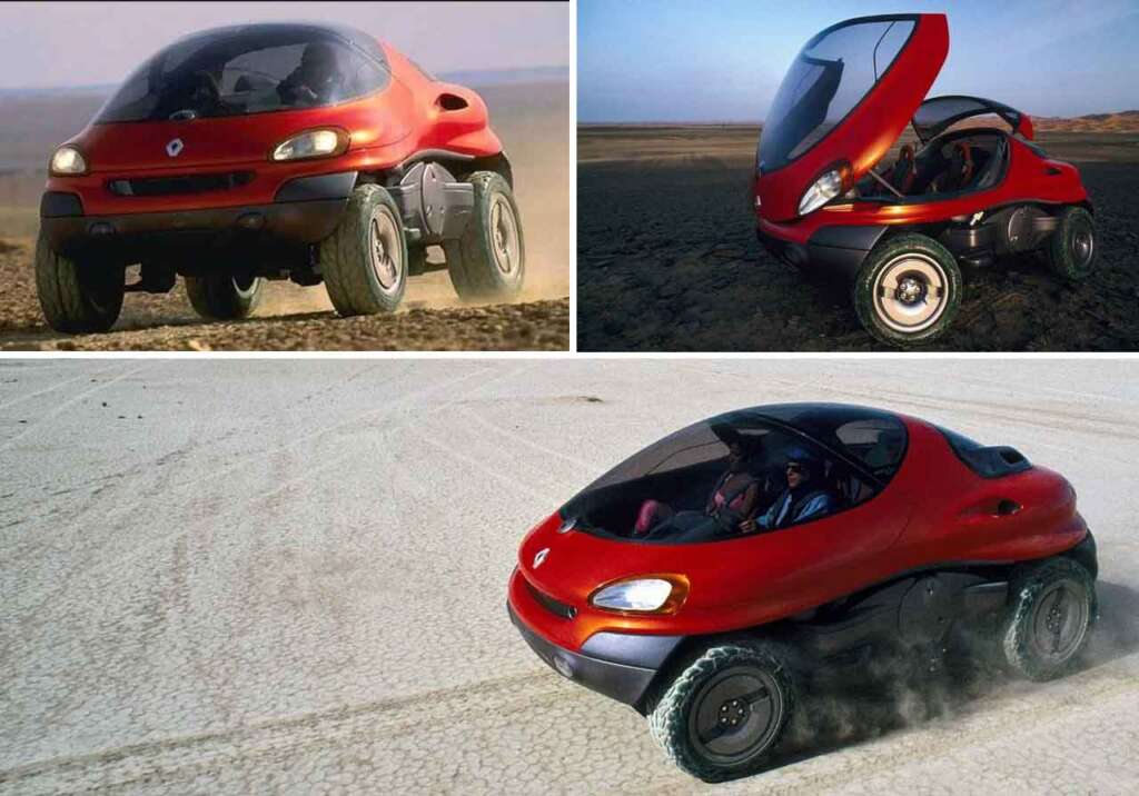 A futuristic red concept car with a sleek design and large tires is shown in various desert settings. The car features a bubble-like cockpit, minimal windows, and is displayed in both driving and stationary positions with doors open in one of the images.