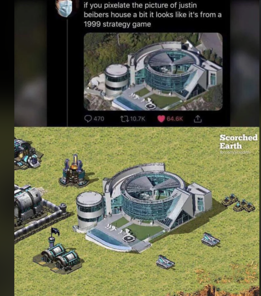 Screenshot of a tweet discussing a modern house that resembles a building from a 1999 strategy game when pixelated. Below the tweet, there's a side-by-side comparison with the house recreated in the style of an old game.