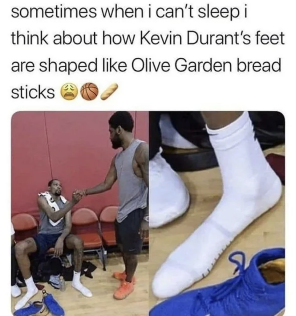 A humorous meme image comparing Kevin Durant's feet to Olive Garden breadsticks. The image is split into two parts: one side shows Durant sitting with another person shaking his hand, the other side has a close-up of Durant's feet in socks.