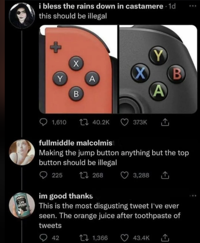 A series of tweets discussing unconventional button layouts on a game controller. The original tweet shows a red controller with buttons differently colored and arranged. Replies express dislike, comparing it to "orange juice after toothpaste.