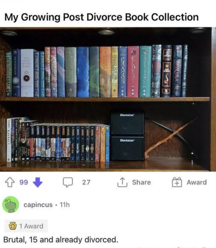 A bookshelf filled with a variety of books and DVD sets. The top shelf features titles like "Harry Potter" and "Eragon," while the bottom shelf includes "Lord of the Rings" extended editions. A Reddit post visible below comments on the collection humorously.