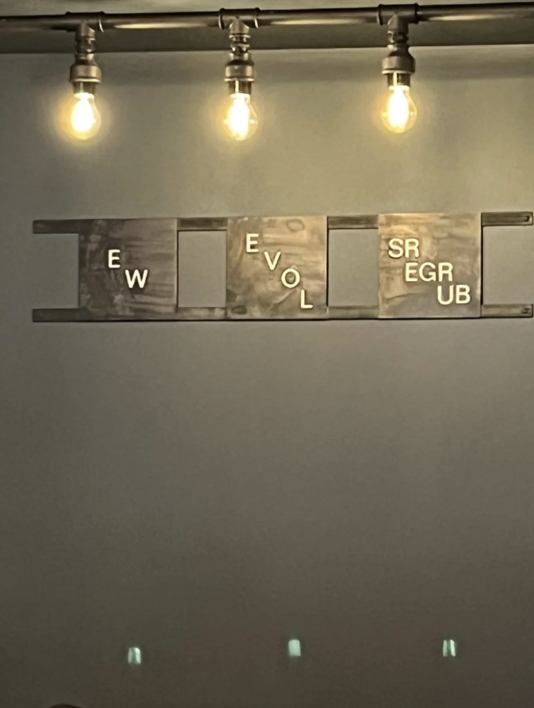 A wooden wall art piece displays the letters "EVOL" arranged vertically and horizontally, along with other jumbled letters, creating a puzzle-like appearance. Three light bulbs hang above the artwork, casting a warm glow.