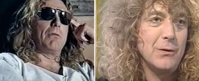 Two side-by-side images of the same person with long, curly hair. On the left, he wears sunglasses and a white shirt, seated and relaxed. On the right, he is shown in a closer view, without sunglasses, possibly talking, with a neutral to contemplative expression.