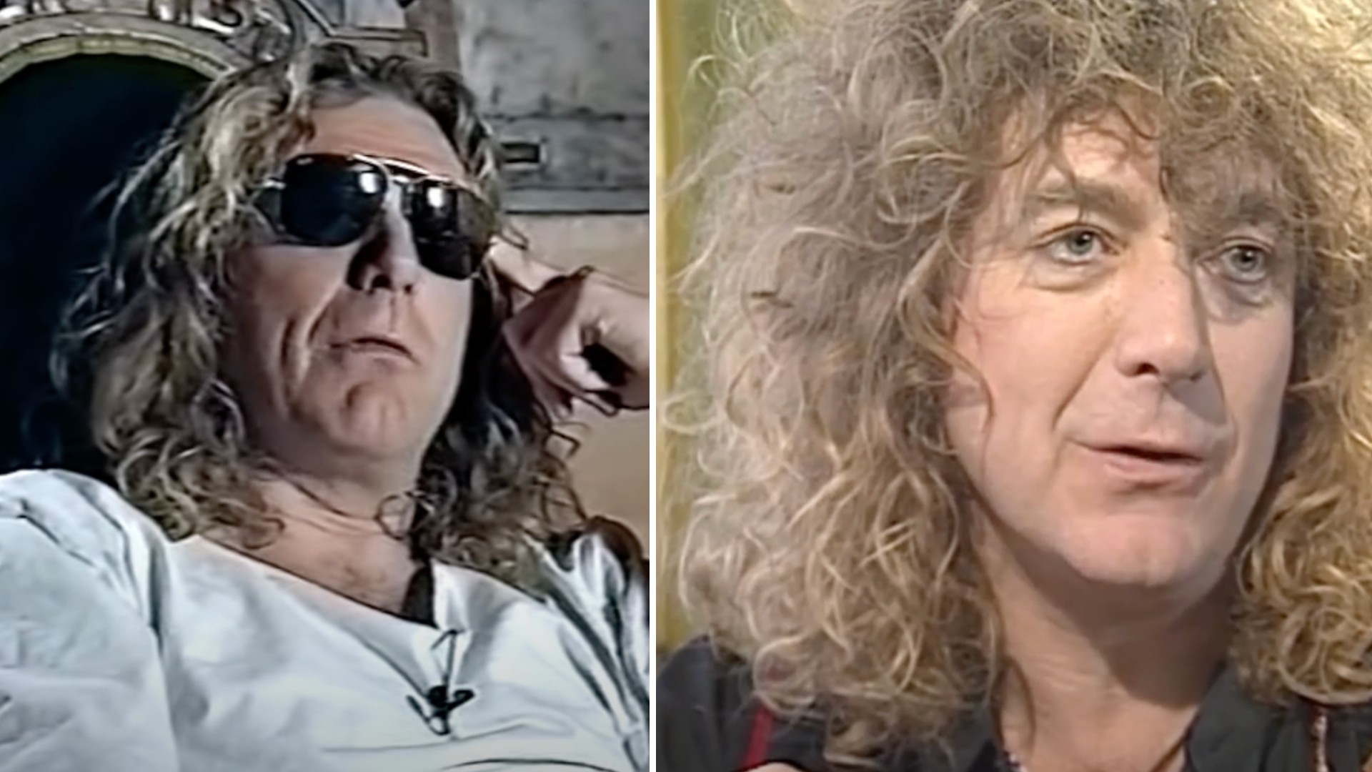 Two side-by-side images of the same person with long, curly hair. On the left, he wears sunglasses and a white shirt, seated and relaxed. On the right, he is shown in a closer view, without sunglasses, possibly talking, with a neutral to contemplative expression.