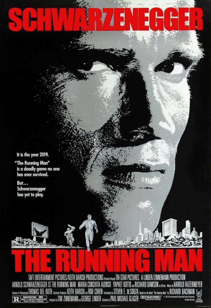 Movie poster for "The Running Man" featuring a close-up of Arnold Schwarzenegger's face in a metallic effect. The title is in bold red letters at the top and bottom. A small silhouette of a running man is at the bottom. Skyline and helicopters are also depicted.