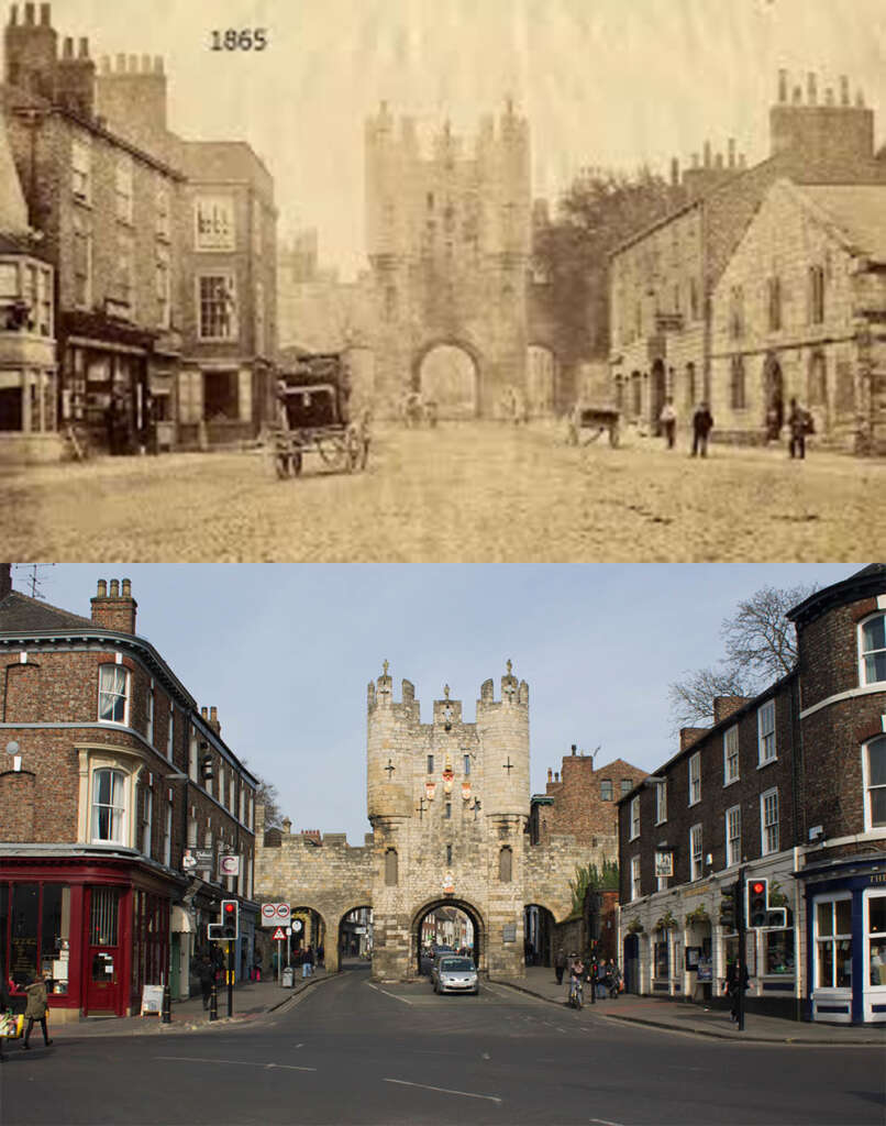 A composite image of the same street scene in York, England, taken in 1865 (top) and the present day (bottom). Both images feature historic buildings and a large stone gateway arch in the center. The older photo shows horse-drawn carriages, while the modern one has cars and traffic lights.