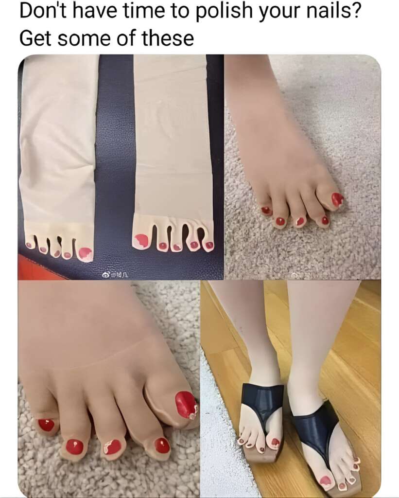 Socks that are made to look like human feet with chipped painted toenails
