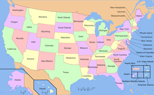 A colorful map of the United States and territories labeled with state names. States are separated by borders and shown in various pastel colors. The map includes mainland U.S. states, as well as Alaska, Hawaii, Puerto Rico, Guam, Northern Mariana Islands, American Samoa, and U.S. Virgin Islands.