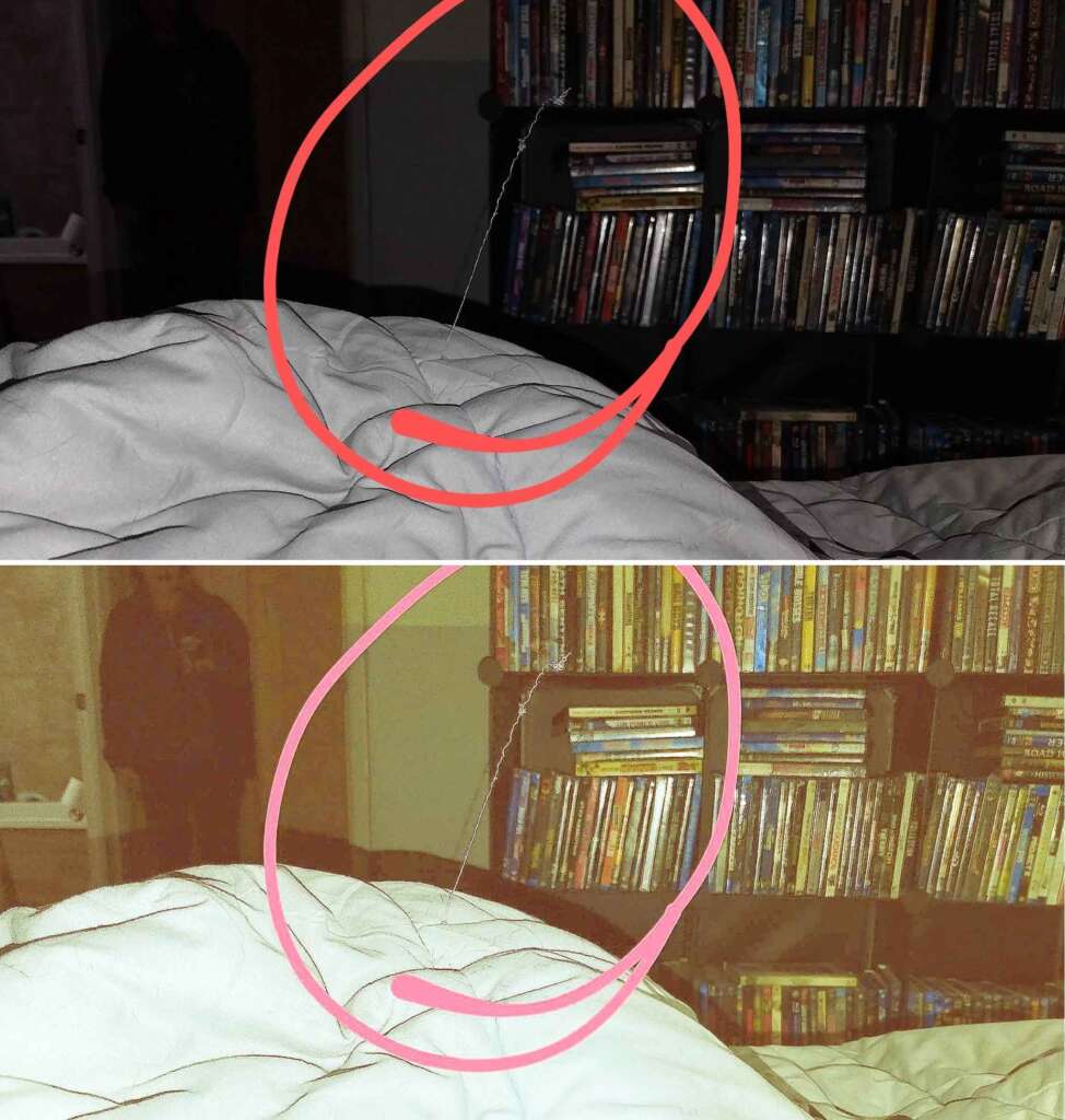 Two images of a room with a bed in the foreground and a bookshelf with multiple DVDs in the background. Both images are identical except for their lighting: the top image has normal lighting, while the bottom one is more yellow-toned. A red circle highlights a string in both images.