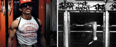 Left image: A person stands in front of a graffiti-covered wall, wearing a red cap, sunglasses, a white "Guardian Angels" t-shirt, and a chain belt. Right image: An arm extends through a subway car window, holding a knife, with graffiti above the window.