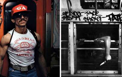 Left image: A person stands in front of a graffiti-covered wall, wearing a red cap, sunglasses, a white "Guardian Angels" t-shirt, and a chain belt. Right image: An arm extends through a subway car window, holding a knife, with graffiti above the window.