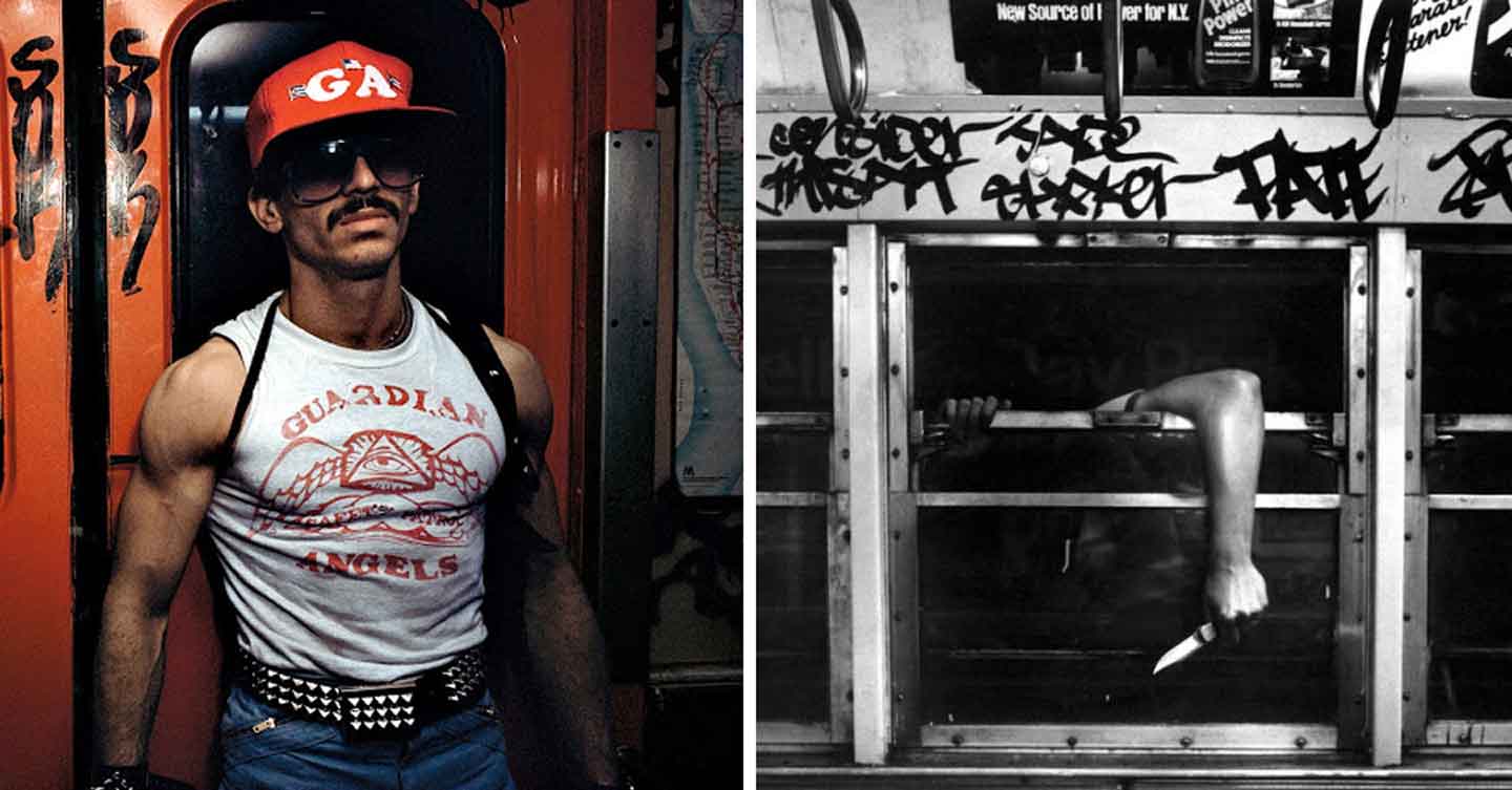 Left image: A person stands in front of a graffiti-covered wall, wearing a red cap, sunglasses, a white "Guardian Angels" t-shirt, and a chain belt. Right image: An arm extends through a subway car window, holding a knife, with graffiti above the window.