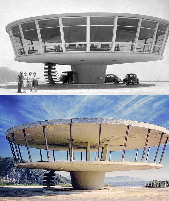 The image shows two views of the UFO-shaped "Casa do Disco Voador," a modernist building in Brazil. The top view is a black-and-white photo from the past with people and vintage cars. The bottom view is a color photo showing the building in a neglected state.