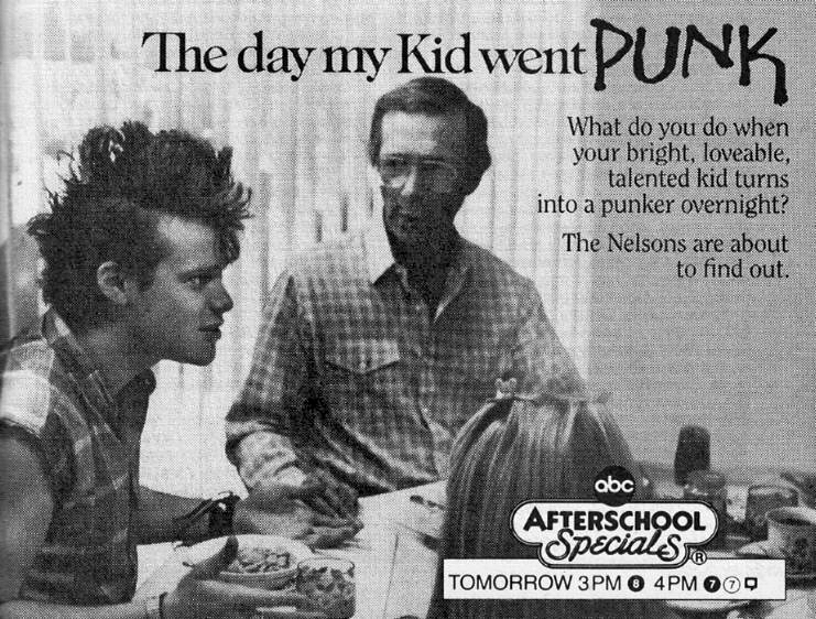 A black and white image from an advertisement for an ABC Afterschool Special titled "The day my kid went punk." It shows a young man with a punk hairstyle and outfit, sitting at a table with two adults. The tagline reads: "The Nelsons are about to find out.