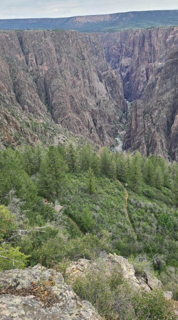 A breathtaking view of a rugged canyon with steep, jagged cliffs and dense green forest in the foreground. A narrow river winds through the canyon, and there is a mix of overcast sky and distant mountain ridges in the background.