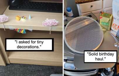 Left image: Tiny birthday decorations including a "happy birthday" sign, a miniature cake, and small flags are displayed. Right image: Various birthday gifts including a pan, coffee, soap, and a snack are shown on a kitchen countertop. Text: "I asked for tiny decorations." and "Solid birthday haul.