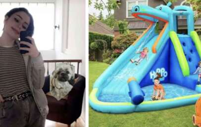 On the left, a person takes a mirror selfie with a dog sitting on a chair. On the right, two children play on a large inflatable water slide in a garden. The slide is blue and green with a small pool at the bottom.