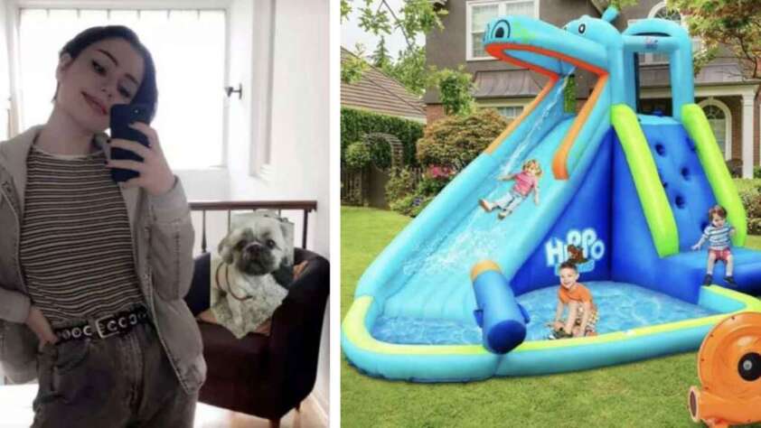 On the left, a person takes a mirror selfie with a dog sitting on a chair. On the right, two children play on a large inflatable water slide in a garden. The slide is blue and green with a small pool at the bottom.