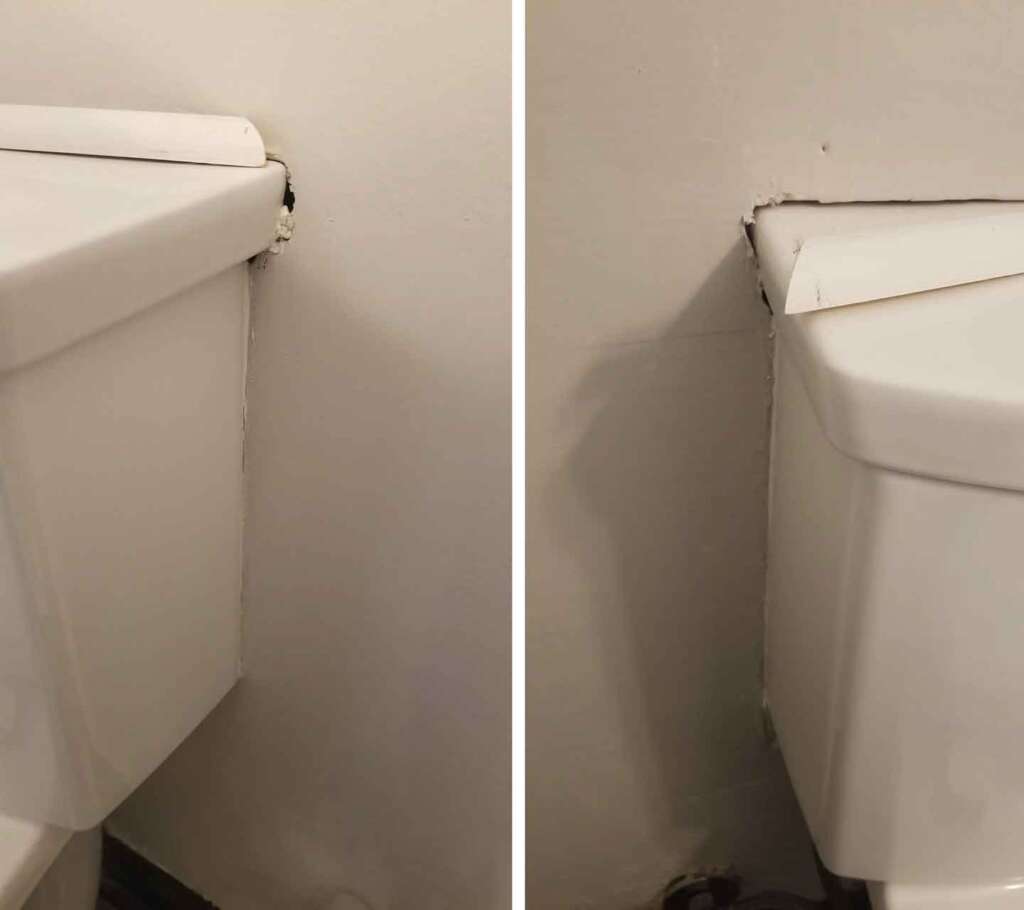Side-by-side images showing a misaligned toilet tank and wall. The left image displays a close-up view where the tank's edge is not flush with the wall, while the right image shows a less severe but similar misalignment with visible gaps and wall damage.