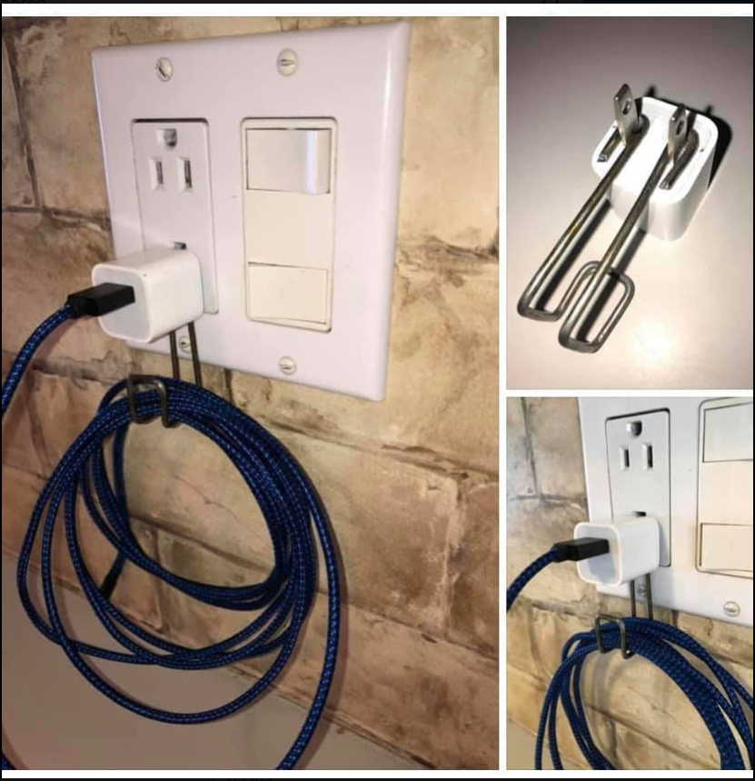 A phone charging cable is creatively held in place on a wall outlet using a white mixer beater attachment. The attachment is placed over the charger, with the cable wrapped around it neatly. Three images show different angles of the setup.