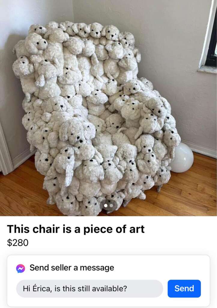 A chair entirely covered in numerous white, fluffy stuffed animal dogs is placed in a room with a wooden floor. A window is partially visible on the right side of the image. Below, a price of $280 is listed, with a prompt to message the seller asking about availability.