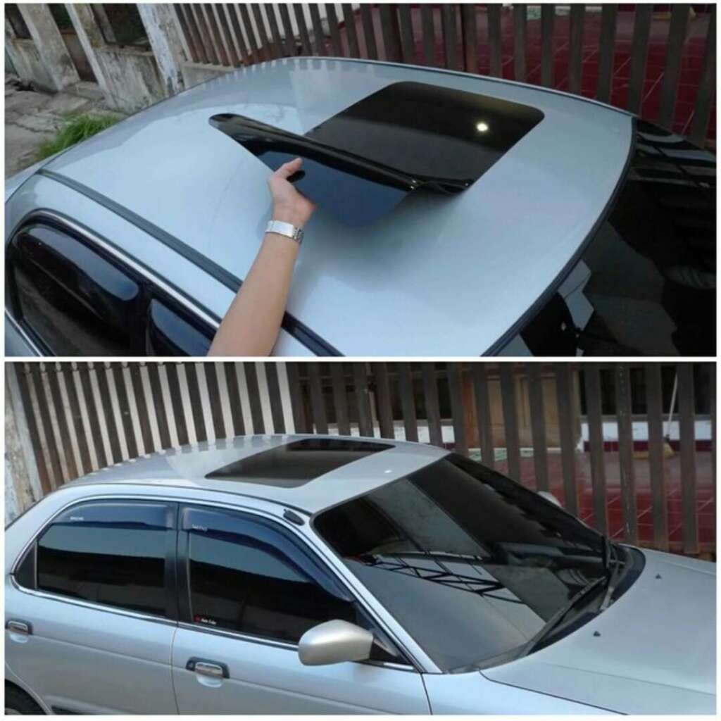 Two images of a silver car with a manual pop-up sunroof. The top image shows a hand lifting the sunroof panel open. The bottom image shows the car with the sunroof fully closed. The car is parked next to a fence and a building.