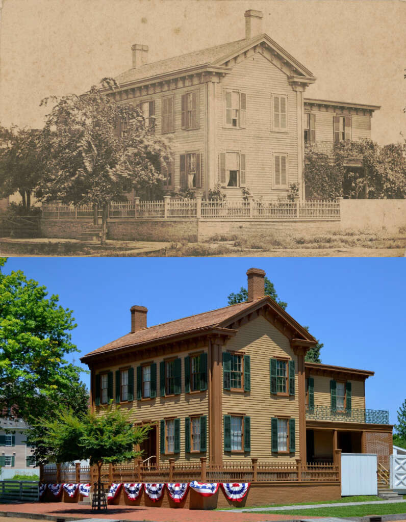 Two images of the same two-story house: The top, an old sepia-toned photo showing a Victorian house with shutters and a picket fence. The bottom, a current photo showing a well-maintained yellow house with green shutters and decorated with patriotic bunting.