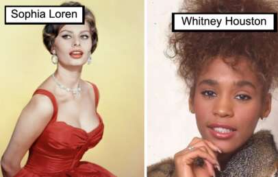 On the left, a woman in a red dress with diamond jewelry is labeled "Sophia Loren." On the right, a woman with curly hair in a fur-like coat is labeled "Whitney Houston." Both women are looking towards the camera.