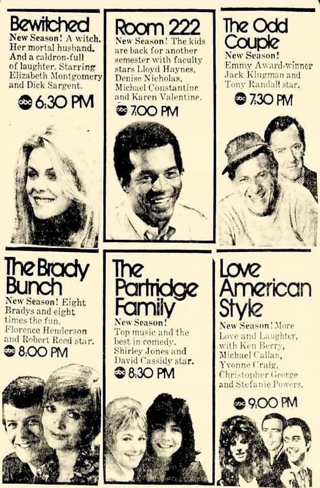 A newspaper TV guide featuring six TV shows: "Bewitched," "Room 222," "The Odd Couple," "The Brady Bunch," "The Partridge Family," and "Love American Style." Each show has a brief description, listing time slots, and featuring cast photos.