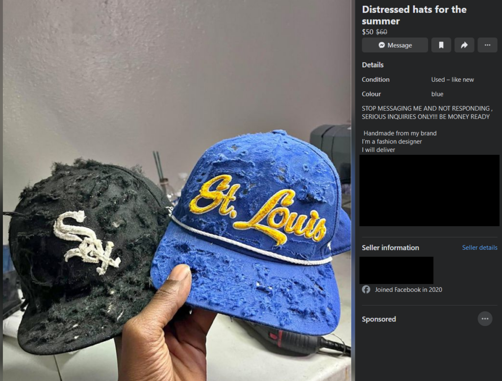 A person holds two distressed baseball caps. The cap on the left is black with a white "Sox" logo, and the cap on the right is blue with a yellow "St. Louis" logo. Both caps are heavily worn and feature a frayed texture.