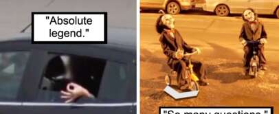 Split image: Left side shows a hand making an OK sign from a car window with the caption "Absolute legend." Right side shows two people dressed as the character from the Saw movies, riding tricycles at night with the caption "So many questions.