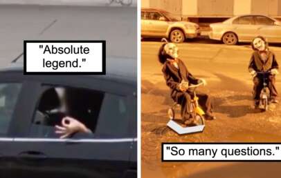 Split image: Left side shows a hand making an OK sign from a car window with the caption "Absolute legend." Right side shows two people dressed as the character from the Saw movies, riding tricycles at night with the caption "So many questions.
