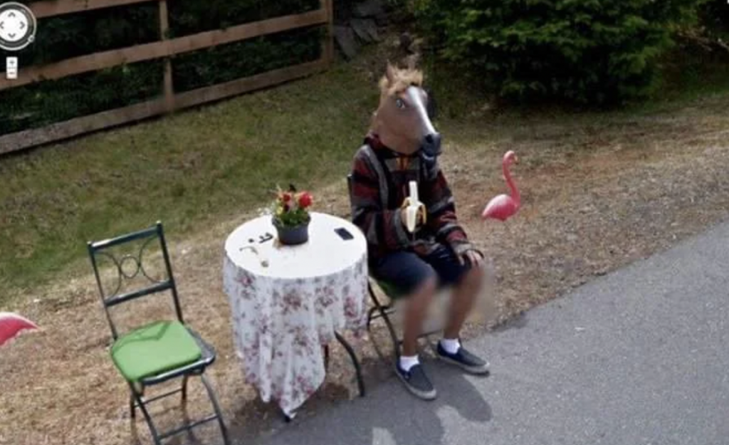 A person wearing shorts, a striped jacket, and a horse mask sits on a chair next to a small round table covered with a floral tablecloth. The table holds a potted plant, and the person is eating a banana. Two pink flamingo yard ornaments are in the grass.